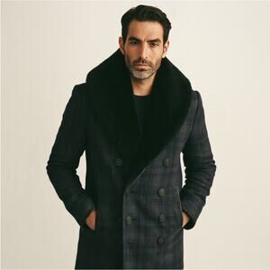 SCHOTT NYC PERFECTO BRAND Thompson Wool Plaid Coat Mouton Fur Collar Sz S
